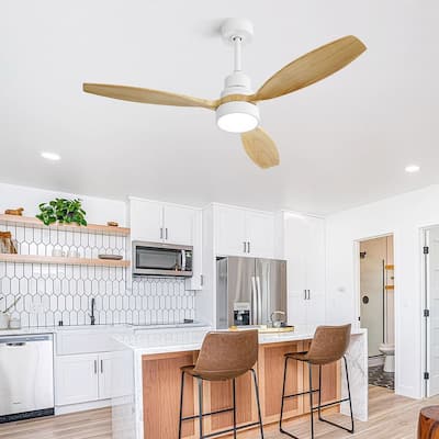 52" Remote Control Wooden Blade Ceiling Fan with 3 Colors adjustable LED