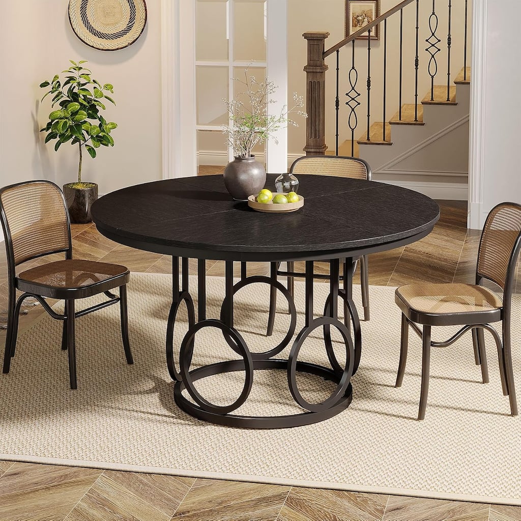 47-Inch Round Dining Table, Wood Kitchen Table with Sturdy Metal Base for 4-6 People