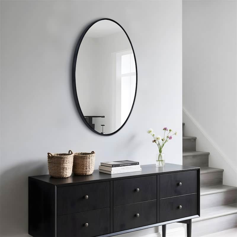 Oval Wall Mirror Black Frame Bathroom Vanity Mirror Vertical Hanging Makeup Mirror for Bedroom
