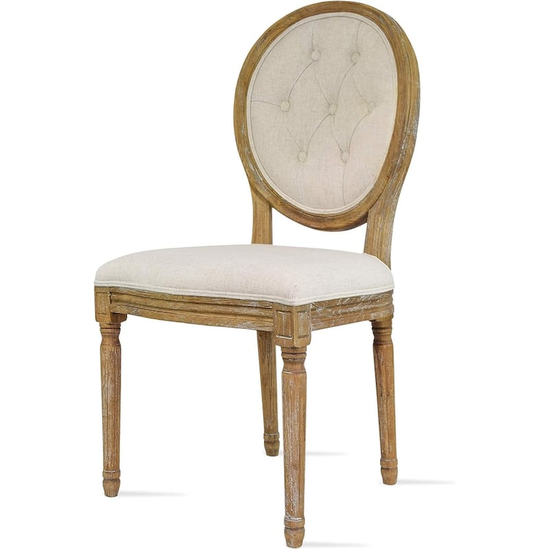 French Chic Vintage Style Dining Side Chair With Upholstered Linen Welted Fabric And Elegant Natural Rustic Wood Frame