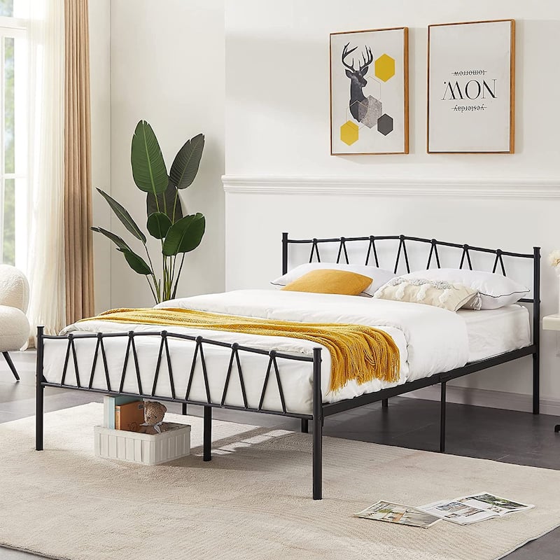 VECELO Metal Platform Bed Frame Twin Full Queen Size, Heavy Duty No Box Spring Needed Bed with Headboard, 13.7" Storage, Black