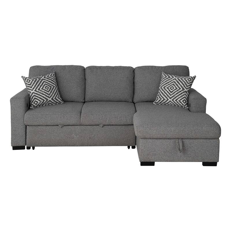 Furniture of America Oswin Modern Grey Pull-Out Sleeper Sofa Sectional with Storage Shelves and USB Ports