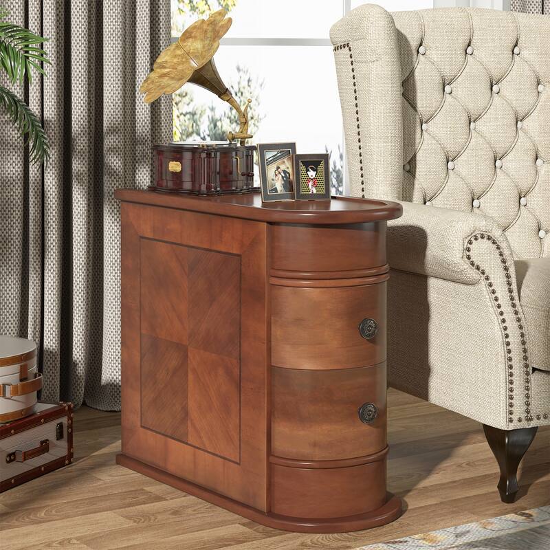 2 Drawer Narrow Side Table, Wood End Table - 1 PCS- 2 Drawers - Bown
