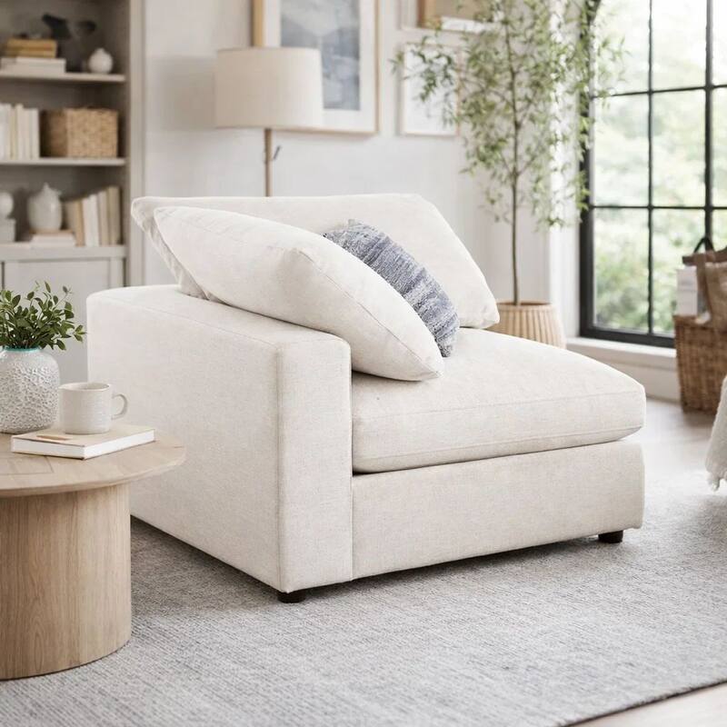 Fabric Upholstered Wooden Corner Chair with Loose Cushion Seat, Beige