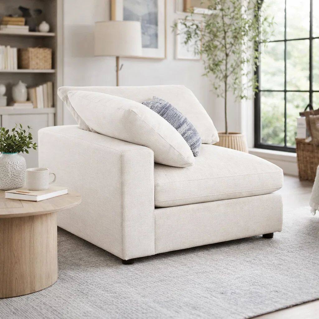 Fabric Upholstered Wooden Corner Chair with Loose Cushion Seat, Beige