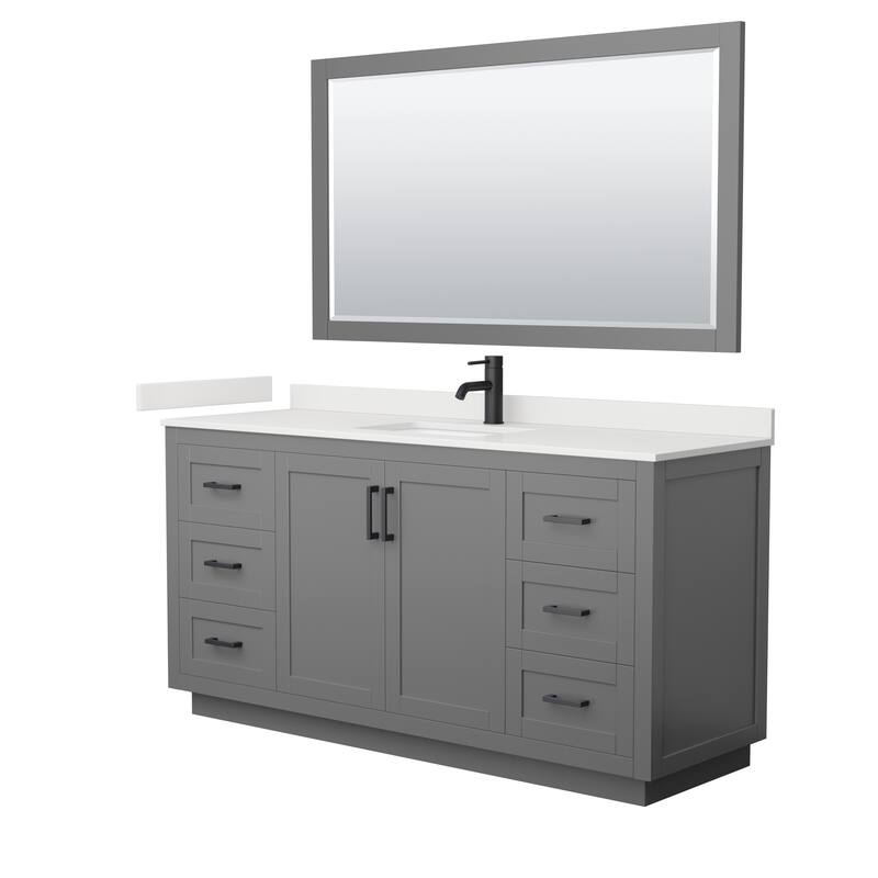 Miranda 66-inch Single Vanity, Quartz Top, 58-inch Mirror - Dark Gray, Black Trim, White Quartz Top