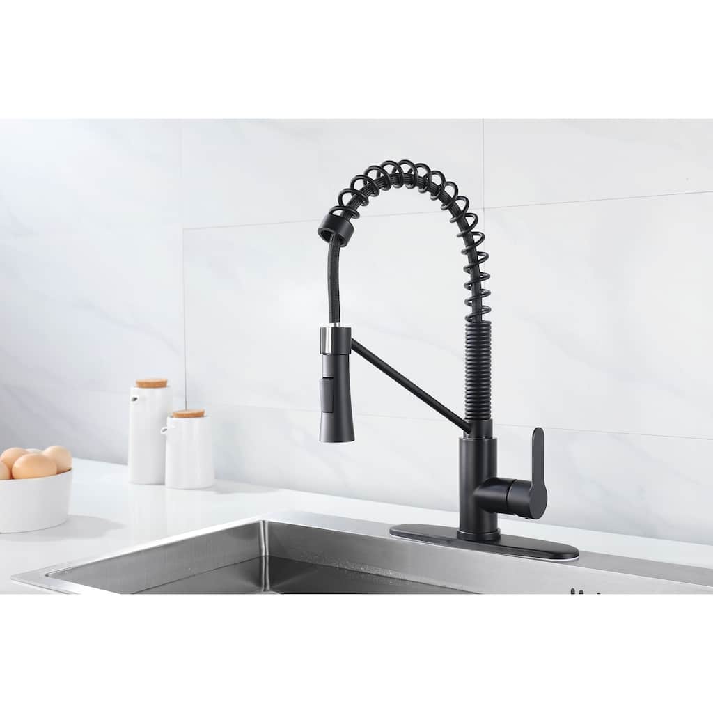 Single Handle Matte Black Kitchen Sink Faucet with Pull Down Sprayer Deck Mount Kitchen Faucets With Deck Plate