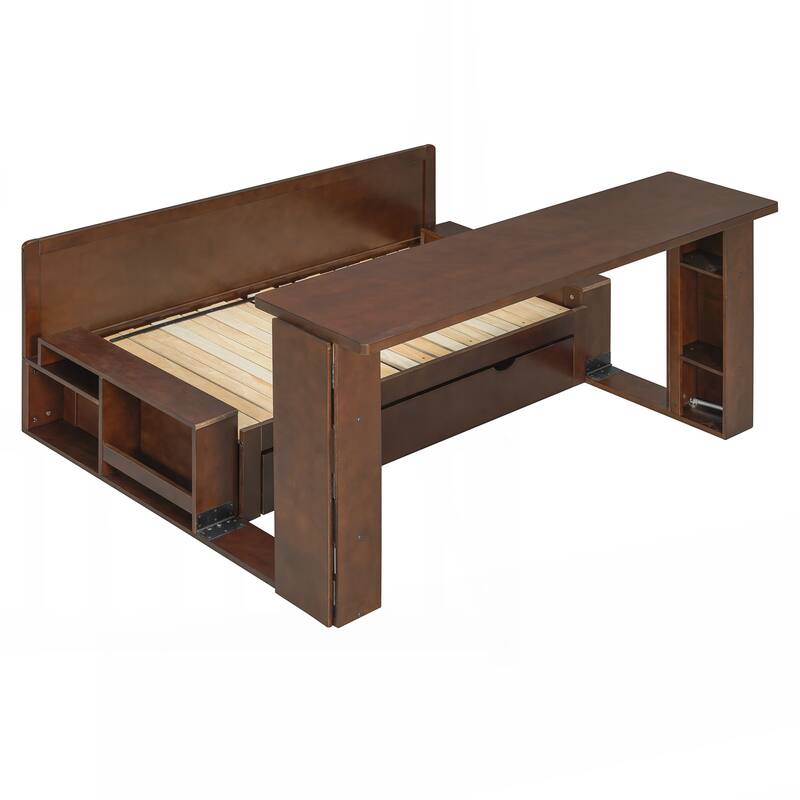 Full Size Daybed with Removable Desk, Storage Drawers & Hydraulic Side Table - Espresso