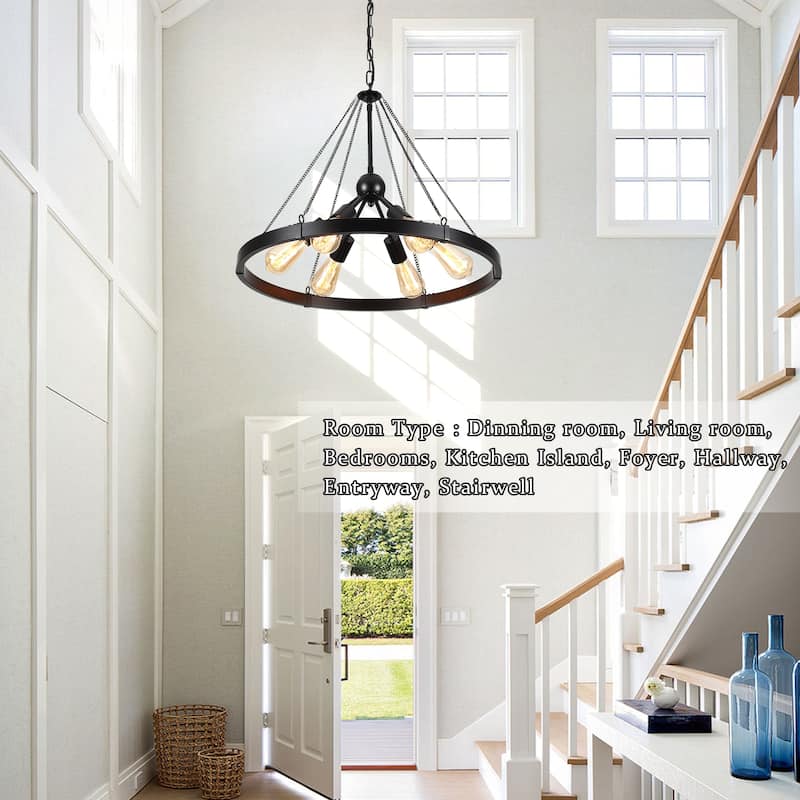 6-Light Modern Wagon Wheel Chandelier with Adjustable Chain for Study Foyer Kitchen Island