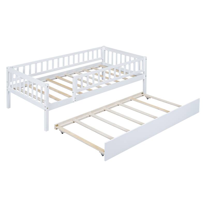 Twin Size Wood Daybed with Trundle and Fence Guardrails