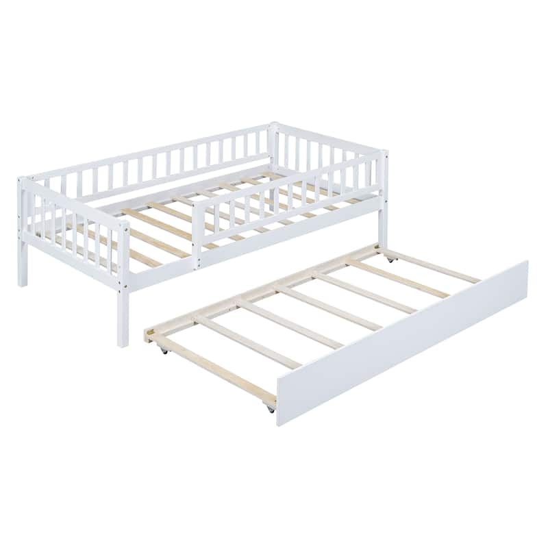 Twin Size Wood Daybed with Trundle and Fence Guardrails - Bed Bath ...