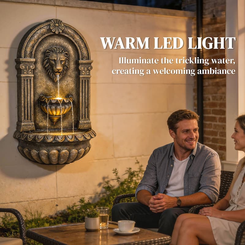 Outsunny 31" Wall-Mounted 3-Tier Outdoor Fountain, Cascading Waterfall Feature with LED Lights and Adjustable Flow