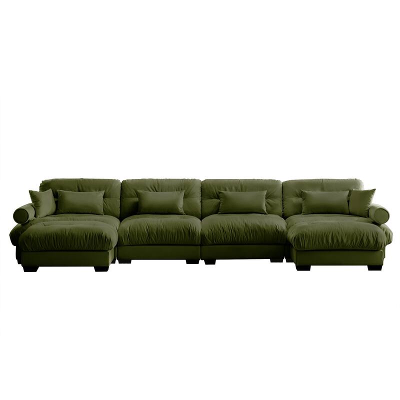 GDFStudio - Azura Vintage Velvet 4 Seater Sectional Sofa with 2 Movable Ottomans and Pillows