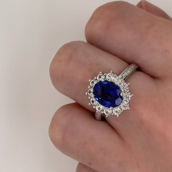 Blue Sapphire and Diamonds Ring Halo-Style Sterling Silver 925 Round-Shaped 
