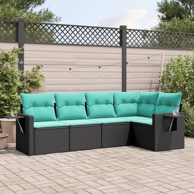 vidaXL 5 Piece Patio Sofa Set with Cushions Black Poly Rattan