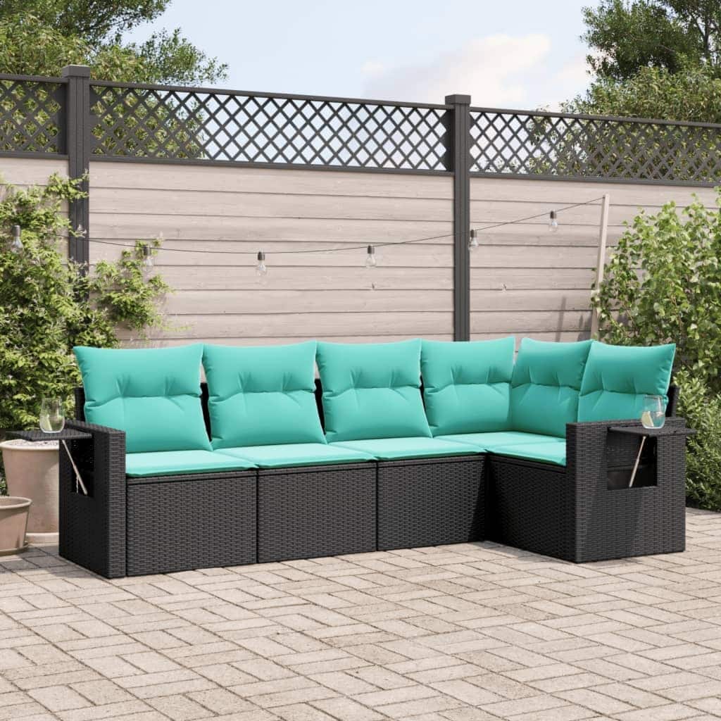 vidaXL 5 Piece Patio Sofa Set with Cushions Black Poly Rattan