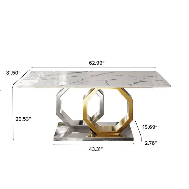 Modern White Faux Marble Dining Table with Rectangular Table Top, Golden Hexagonal-Legged legs
