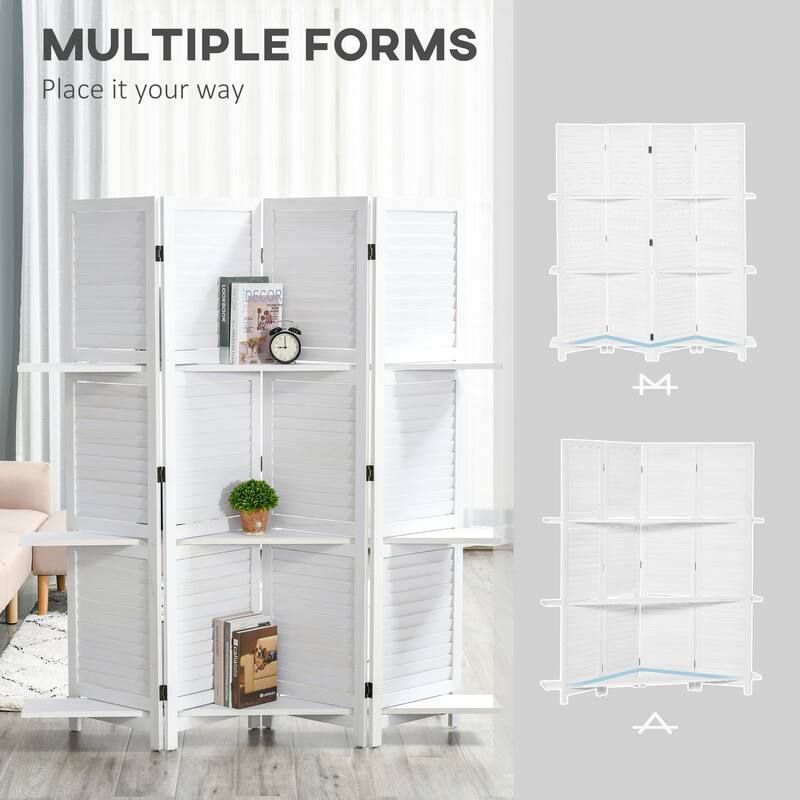 4 Panel 67" Tall Wood Privacy Screen Room Divider with 3 Display Shelves, and Folding Storage for Bedroom or Home Office, White