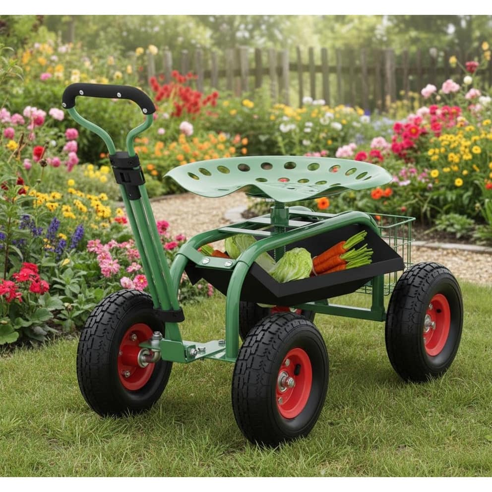 Garden Scooter Rolling Work Seat, 360° Swivel