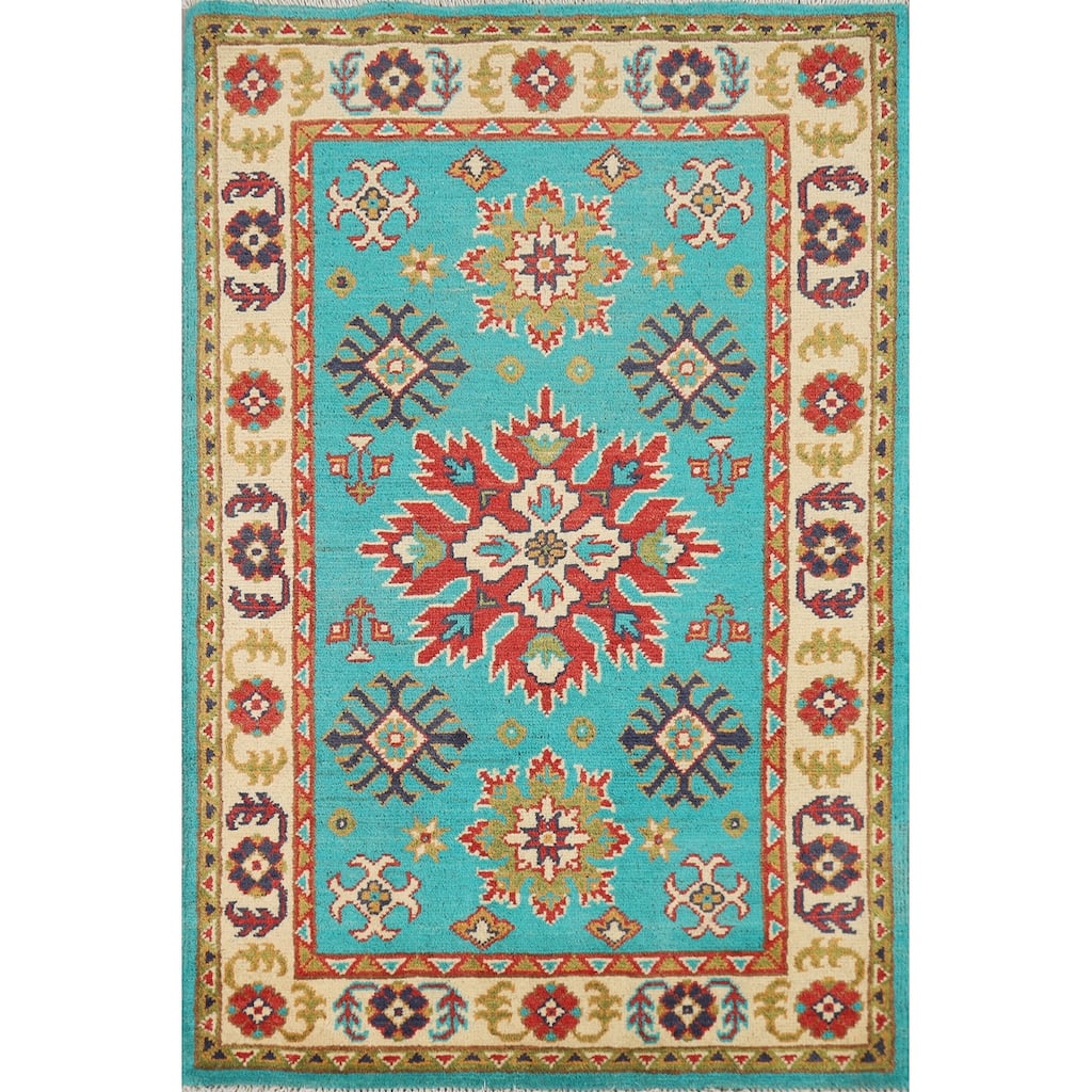 Turquoise Blue Kazak Foyer Rug Hand-Knotted Bedroom Wool Carpet - 2'9"x 4'0"
