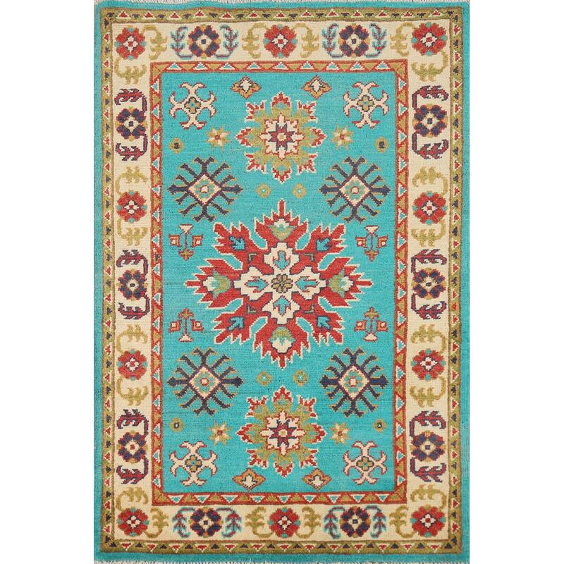 Turquoise Blue Kazak Foyer Rug Hand-Knotted Bedroom Wool Carpet - 2'9"x 4'0"