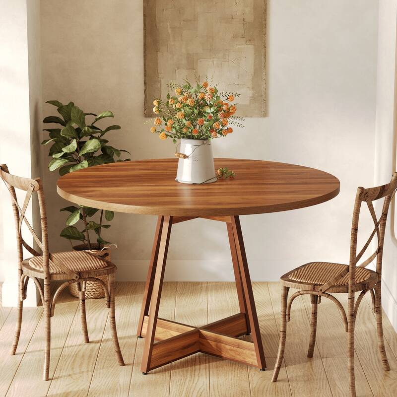 39.4" Round Dining Table for 4, Farmhouse Kitchen Table with Wooden Reinforced Base