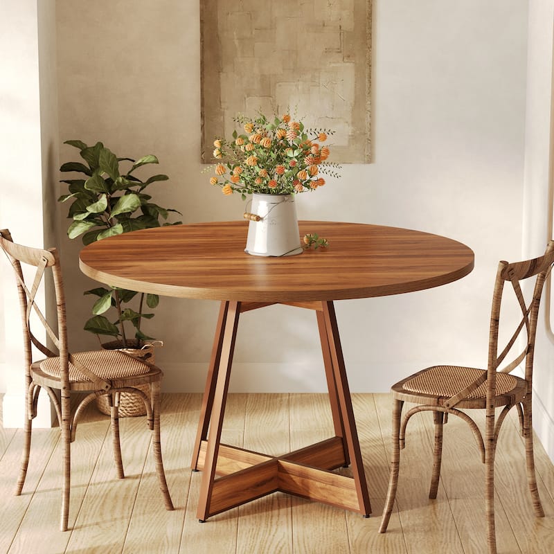 39.4" Wood Round Dining Table for 4, Reinforced Cross-Base Pedestal