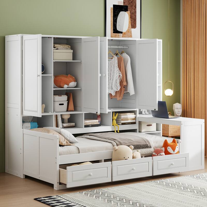 Modern Twin Daybed with All-in-One Cabinet, Desk Wooden Daybed Sofa Bed Frame with 3 Drawers, Multi-Functional Headboard