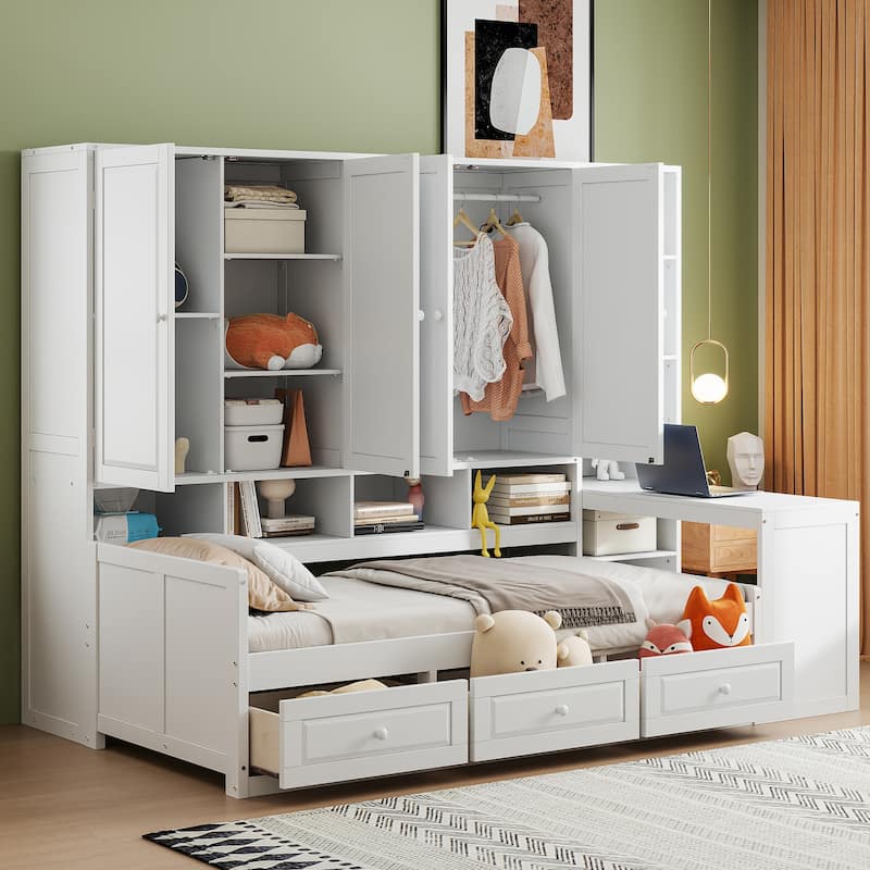 Twin Size Wooden Daybed with Three Drawers, All-in-One Cabinet, Desk, and Shelves,White - White - Twin