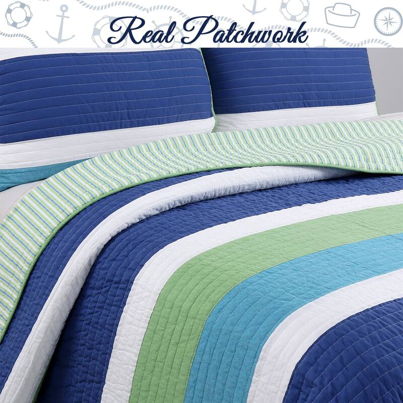 Porch & Den Copenhaver Blue Stripe Cotton Reversible Quilt Bedding Set