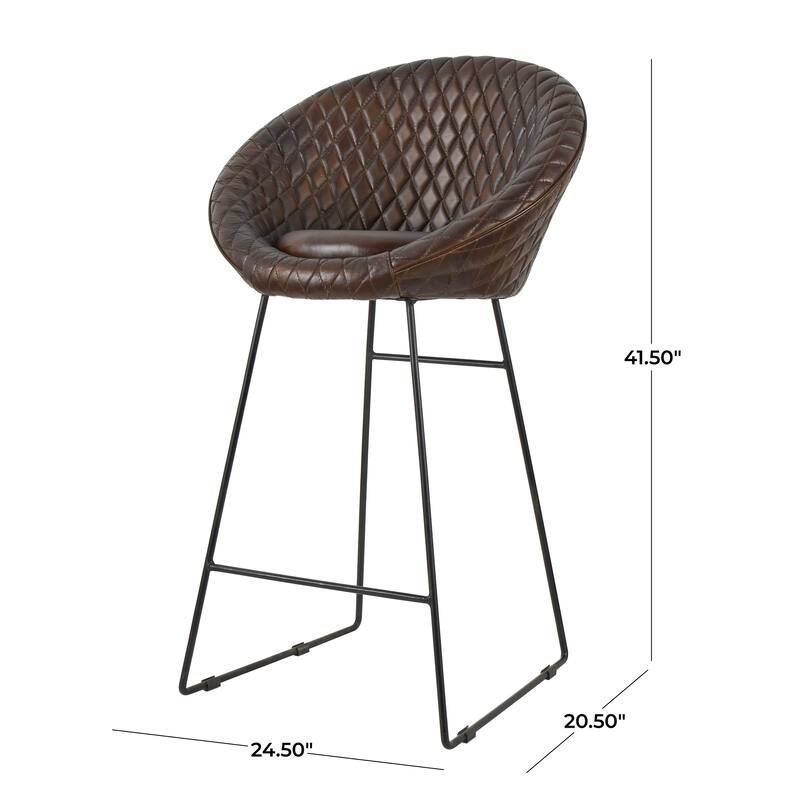 Brown Leather Round Diamond Tufted Bar Stool with High Back and Black Metal Legs (Set of 2)