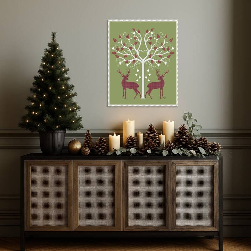 Christmas Des Deer and Heart Tree Pink On Green by Fab Funky (23 x 28 in.), Framed Canvas Wall Art Print - Sylvie Beaded White