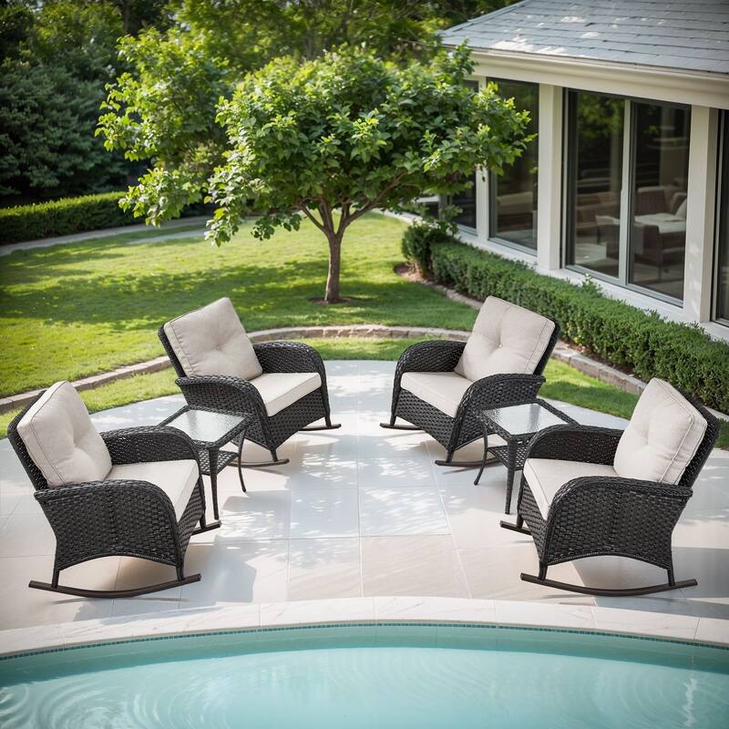 Gymojoy Ergonomic Swivel & Glider / Rocking Chair Set with Side Tables Outdoor Patio Furniture Set - 6-Piece - Rocking Chair - Black Wicker / Beige Cusion
