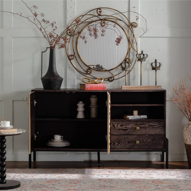 Roomfitters Modern Solid Wood Sideboard Cabinet, Geometric Pattern Storage Console with 2 Doors and Open Shelves, Natural