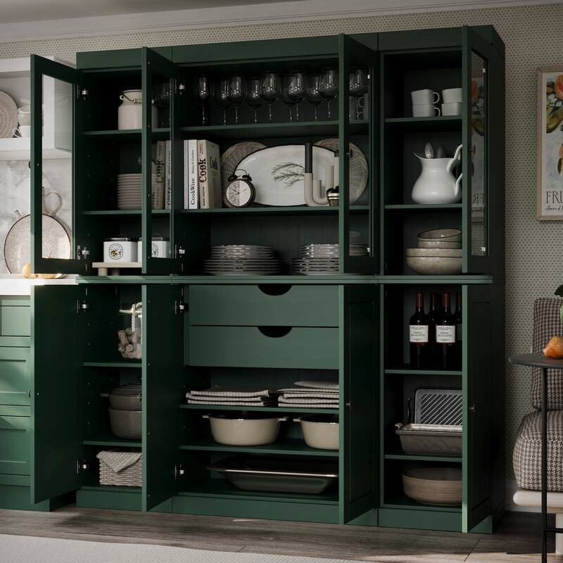 Palace Imports 100% Solid Wood Pantry China Cabinet, Raised Panel & Clear Glass Doors, 2 Drawers, 65" Wide, 71.5" Tall - Green