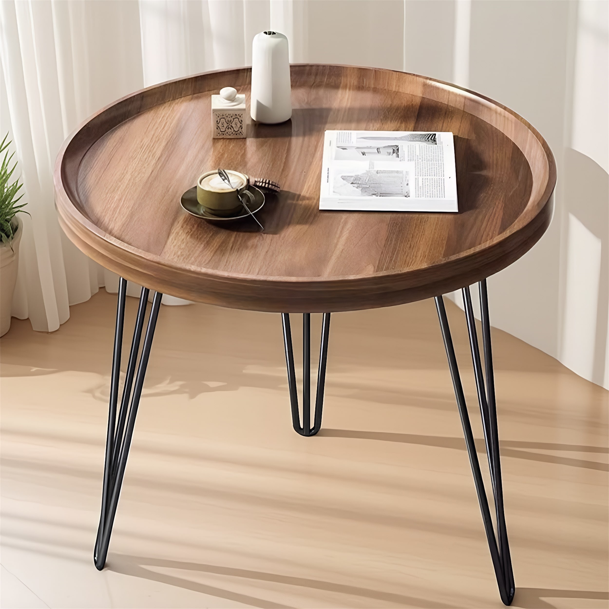 23.6" Round Side Table, Steel Frame & Wood Top, Sofa Bedside Table