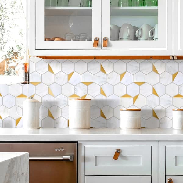 TileGen. Natural Bianco 3 x 3 Hexagon Metal and Marble Mosaic Tile in  Gold/White Wall Tile (10 sheets/8.5sqft.) - On Sale - Bed Bath & Beyond -  32168528