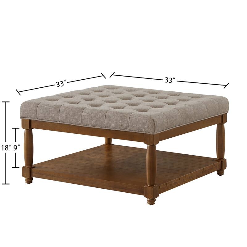 Large Square Upholstered Tufted Linen Ottoman Coffee Table, Large Footrest Ottoman with Solid Wood Shelf