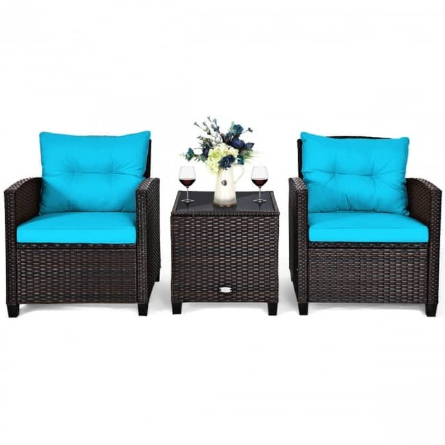 3 Pieces Rattan Patio Furniture Set with Washable Cushion - Chair: 26.5" x 26.5" x 30"