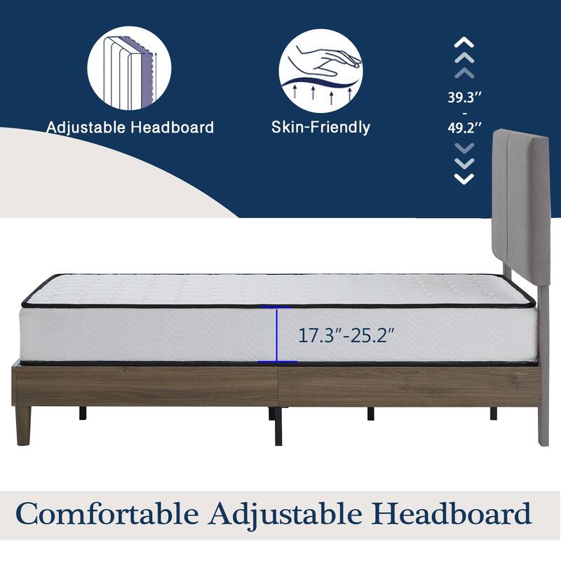 Javlergo Upholstered Bed Frame with Linen Fabric Adjustable Headboard, Strong Wood Slats Supports, No Box Spring Needed