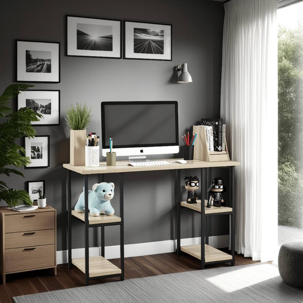 Wyl Home Office Desk, Tan Brown Melamine, Black Metal Frame, 47 Inch