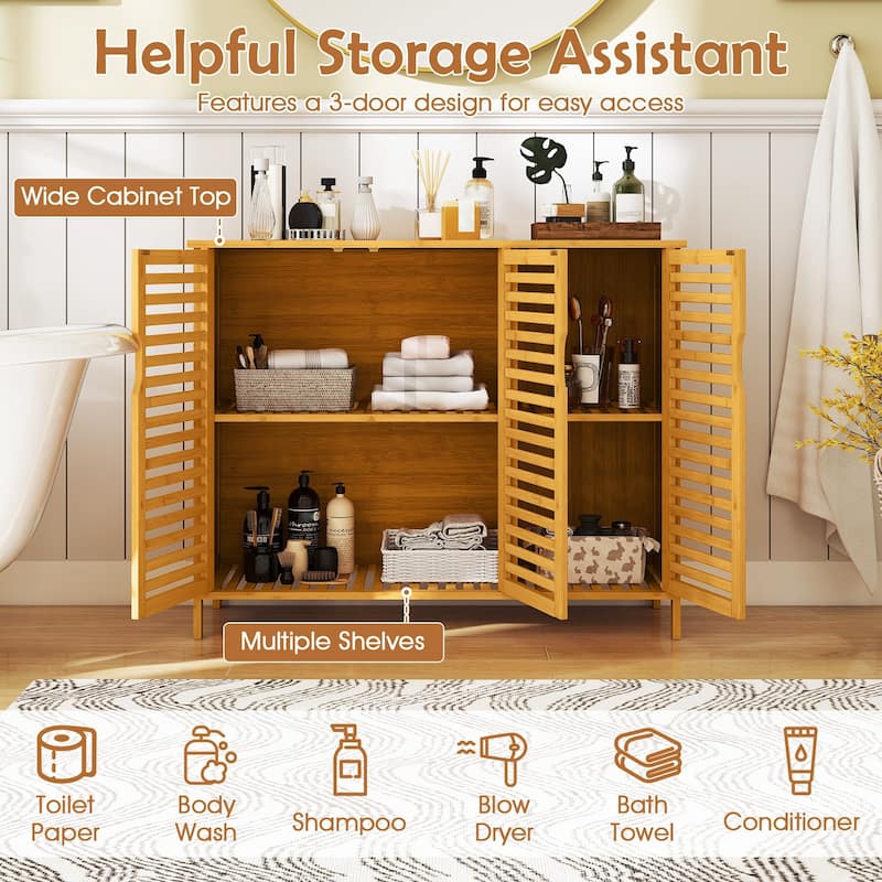 3-Door Natural Wicker Storage Cabinet with Adjustable Shelves for Bathroom, Kitchen or Dining Room - 39.5" x 14" x 31.5"