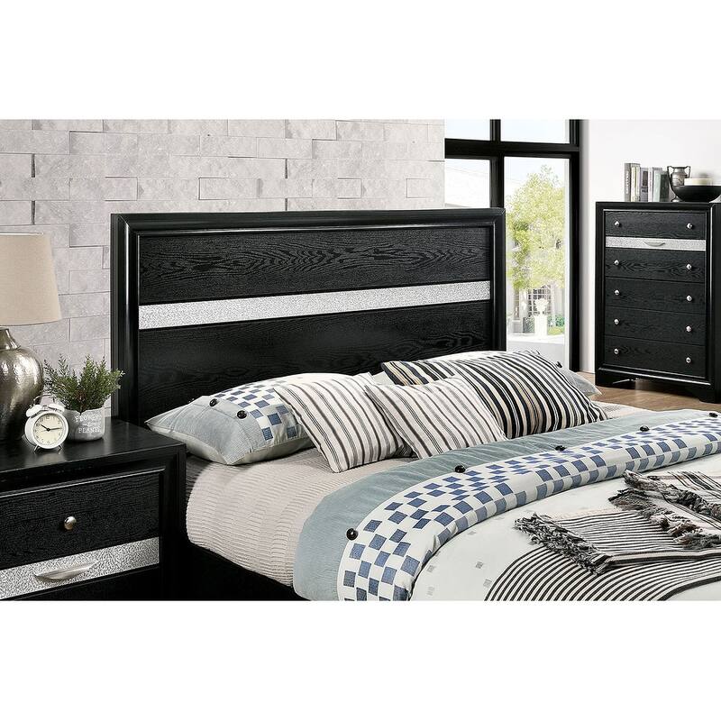 Queen Size Rubber Wood Panel Bed with Storage Drawers and Silver Accent Headboard