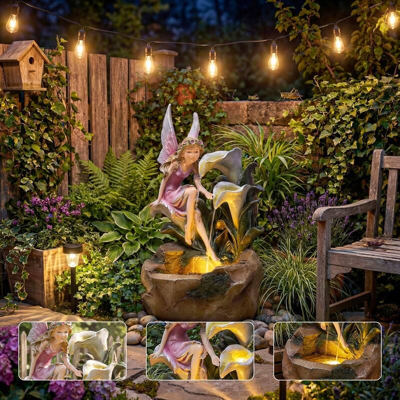Outdoor Fairy & Calla Lily Water Fountain with Fairy-Tale Garden Style and Lights