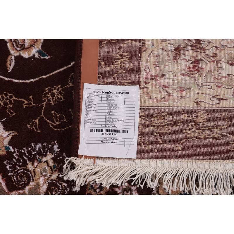 Burgundy Red Floral Kashan Turkish Rug Machine-Made Carpet - 6'7" x 9'10"