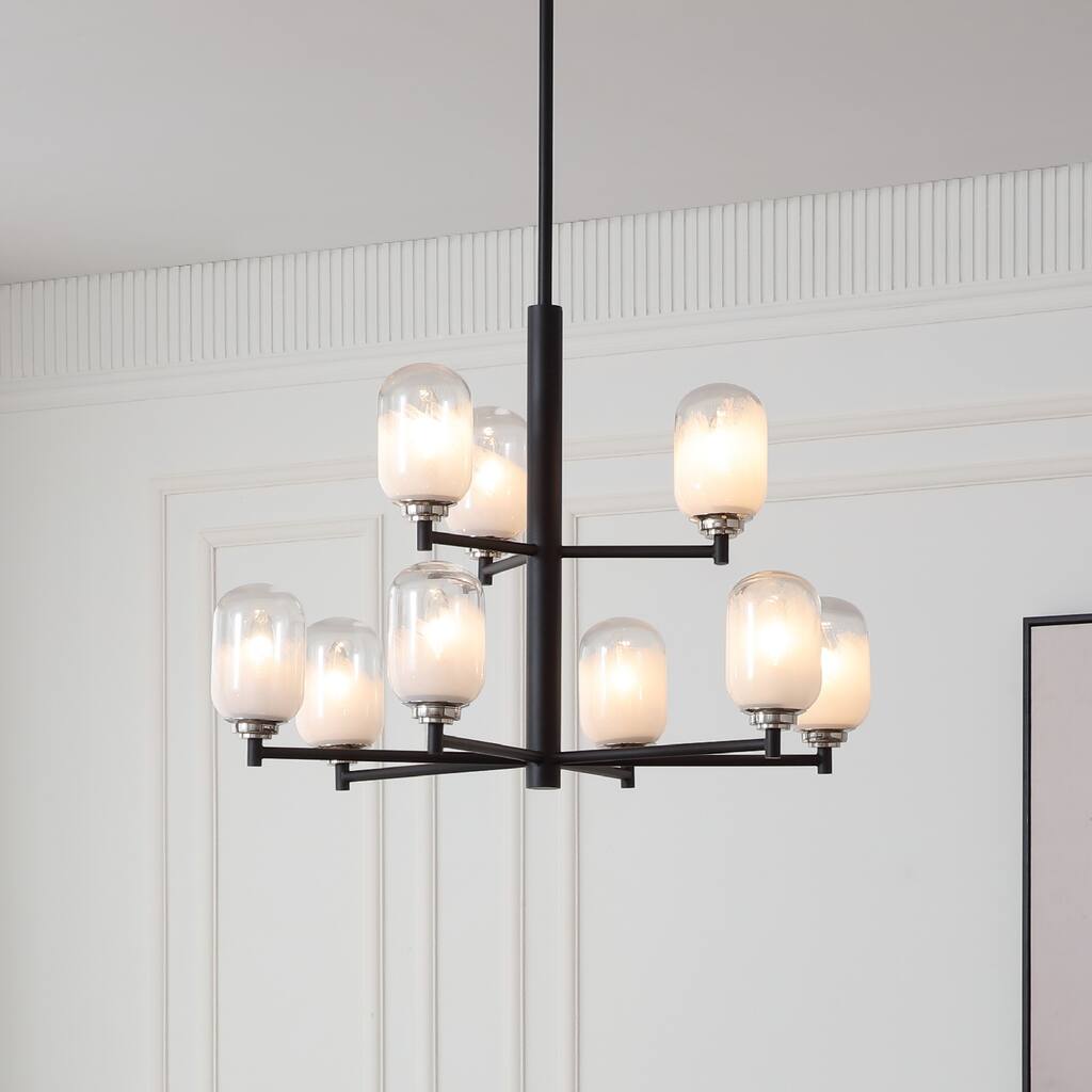 VidaLite Seren 9-Light Matte Black Chandelier With Handmade Glass Shades, Round Modern Style Pendant Chandelier Light