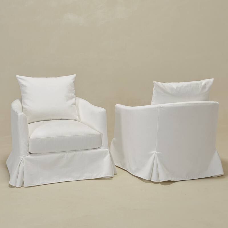 KINWELL 32" W Down Fill Upholstered Slipcovered Swivel Barrel Accent Armchair