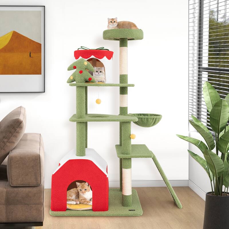 Gymax 61'' Tall Christmas Cat Tree w/ Sisal Scratching Posts Plush