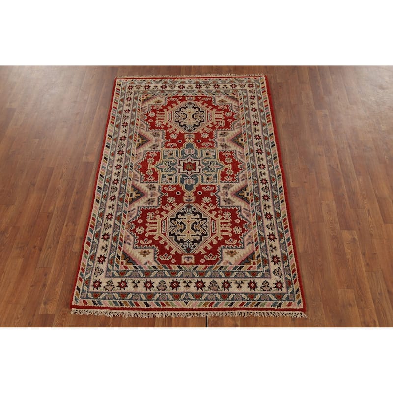 Red Geometric Kazak Oriental Area Rug Handmade Wool Carpet - 3'10"x 6'0"