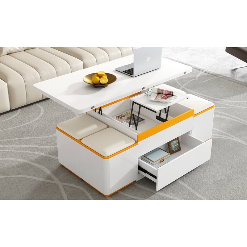 Lift-Top Coffee Table with 4 Storage Stools, Center Table with Foldable Top, Multi-Functional Adjustable Coffee Table